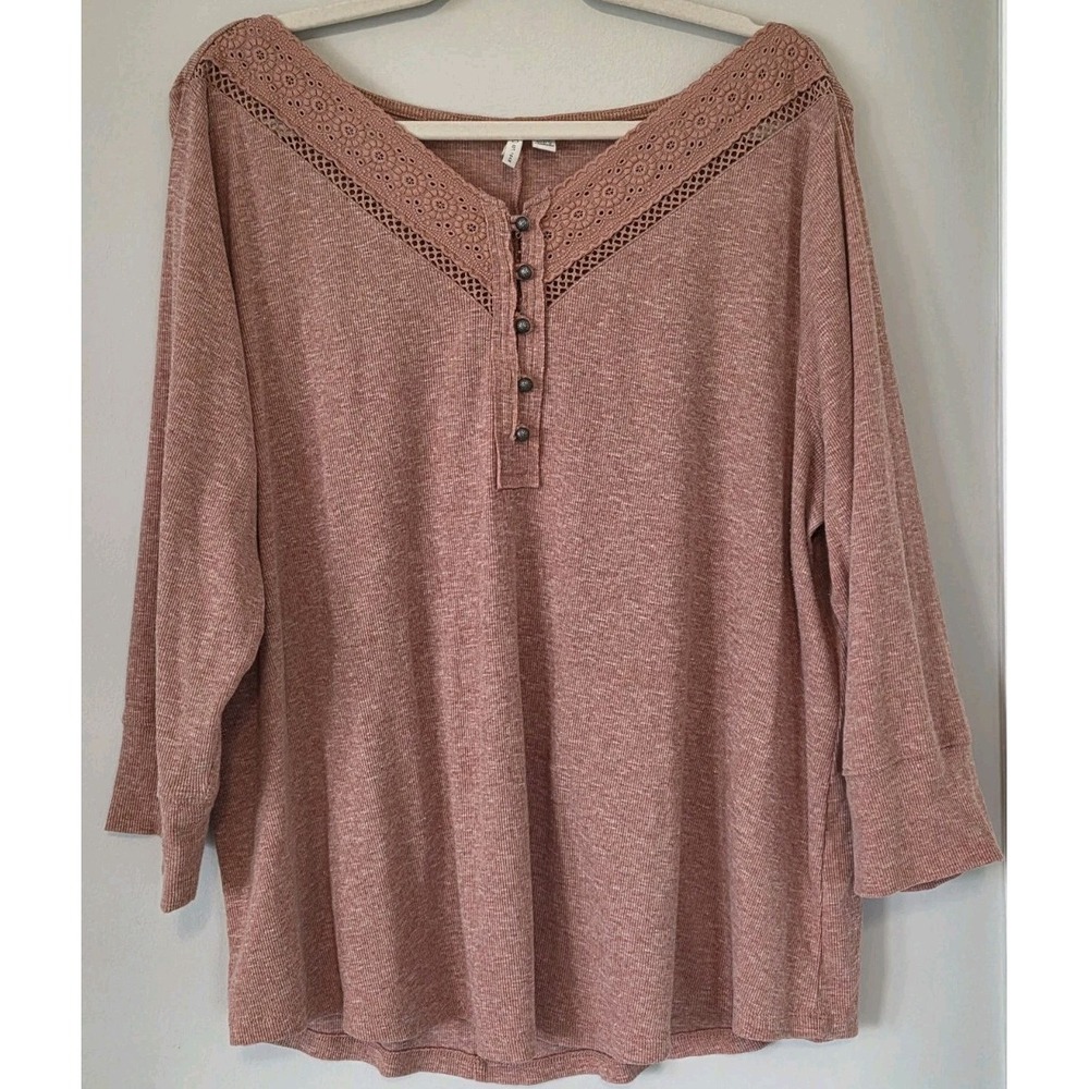 Cato Salmon Lace Henley Shirt Fall Long Sleeve V Neck Womens Plus Size 18/20